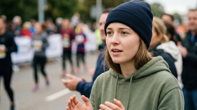 Woman applauding at a city marathon race. Spectator cheering for runners at outdoor sports competition. Motivated supporter encouraging athletes during mass running event in urban street.