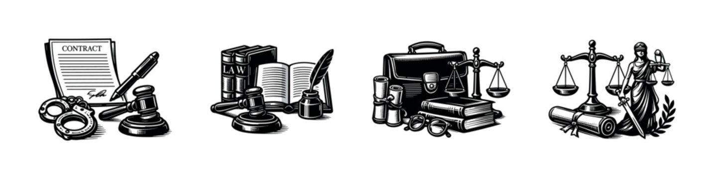 Collection of legal symbols and objects representing justice and law
