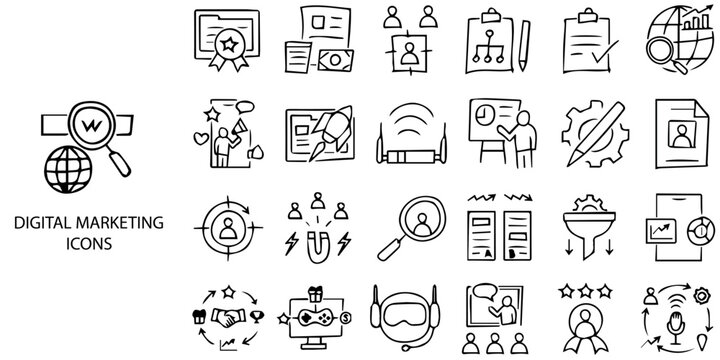 Digital Marketing simple concept 24 Black and White color icons set .Vector illustration.