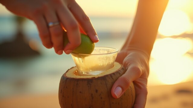 southeast asian woman hands squeezing lime into coconut water