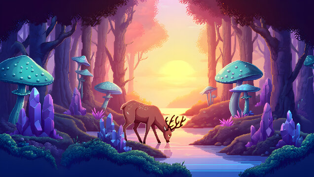 A majestic deer with large antlers gracefully drinks cool water from a tranquil river in this vibrant digital art photograph capturing a peaceful moment within an enchanting and magical forest.