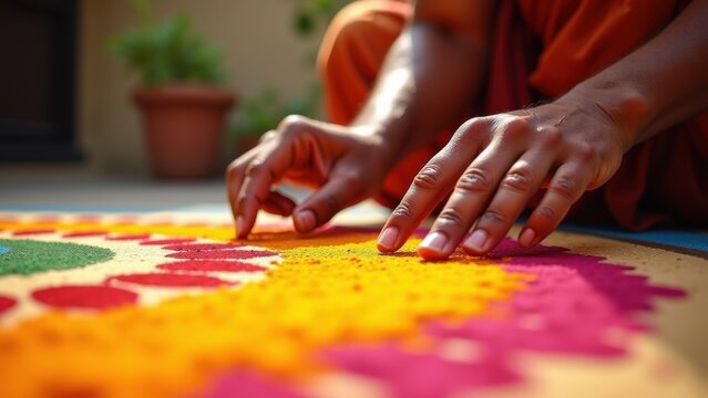 elderly man creating rangoli in courtyard