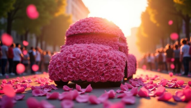 rose festival float with pink blossoms