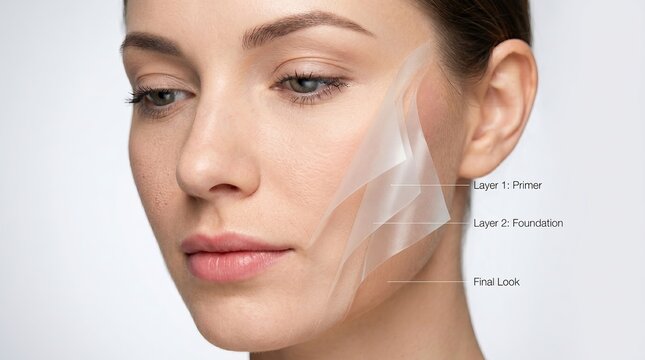 Woman applying makeup layers on face. Conceptual beauty diagram showing primer foundation and final skin texture. Cosmetic routine and skincare product application in dermatology study.
