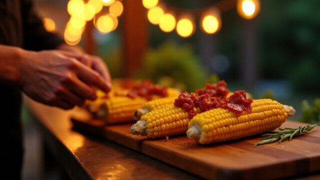 black chef plating grilled corn at summer festival