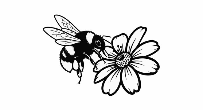 A striking black and white illustration of a fuzzy bumblebee collecting nectar from a large, stylized flower