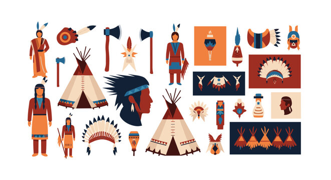 Extensive collection of Native American cultural icons including tipis headdresses weapons people and traditional items.