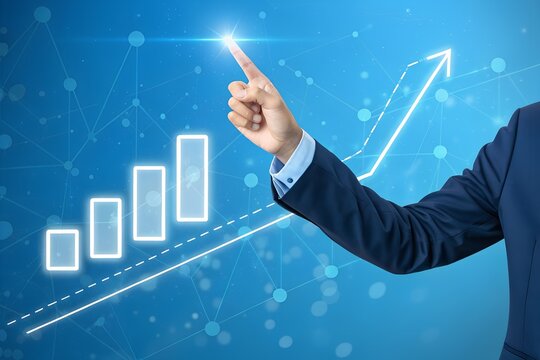 Businessman hand touching transparent holographic screen showing decision tree diagram and data graph for machine learning ai strategy planning and global business risk analysis concept