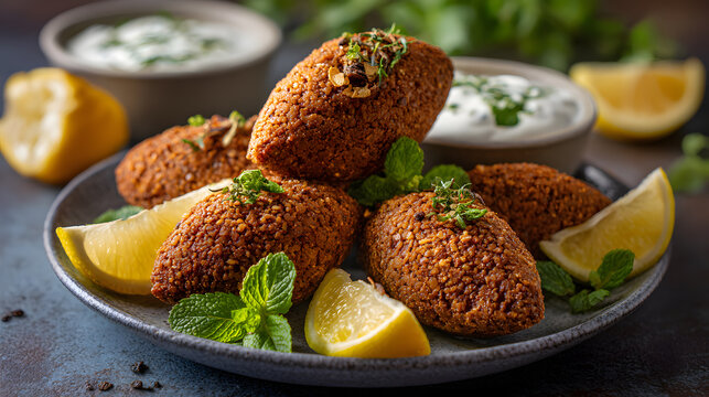 Crispy kibbeh croquettes with bulgur and minced meat served with sauce