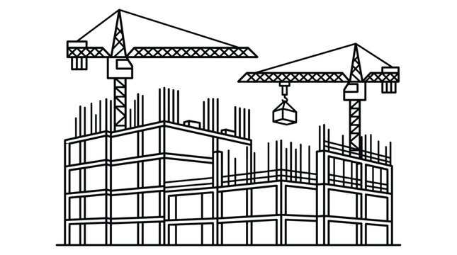 Building under construction outline with cranes on a transparent background showing ongoing development.