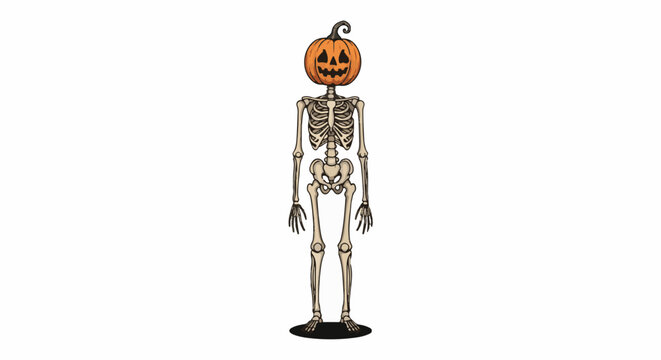 A skeleton with a jack-o'-lantern head stands against a white background