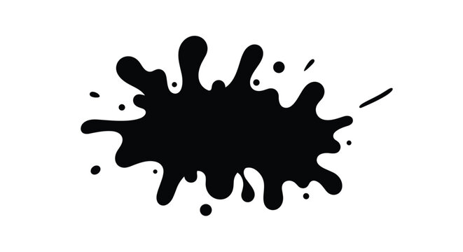 Simple black ink splatter or paint blot shape with jagged edges and drips is isolated on a solid white background.