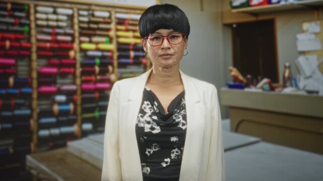 Woman in white blazer and red glasses stands facing camera in a sewing studio with racks of colorful thread spools and a cutting table visible; focused craft professionalism.