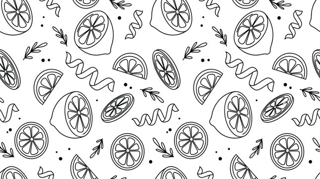 Seamless background pattern with hand drawn lemons and fruit slices for kitchen interior or fabric textile print.