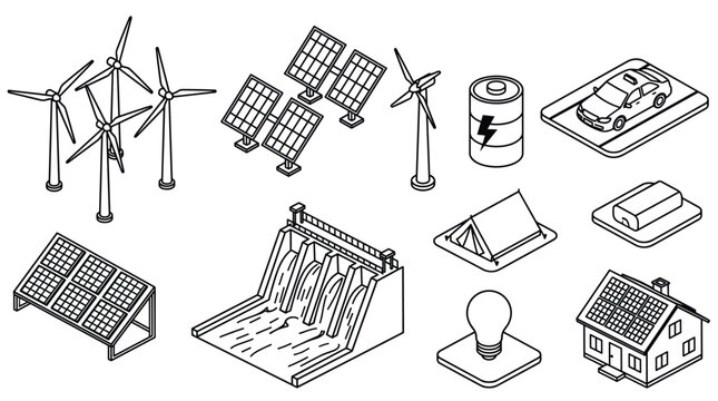 Renewable energy isometric collection with solar panels wind turbines and hydroelectric dam for green power tech.