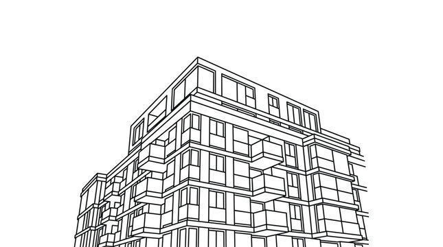 Modern residential building blueprint drawing in perspective, high-rise apartment complex vector illustration.