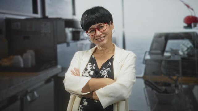 Woman with red glasses smiling, arms crossed beside a coffeemaker and service cart in a building galley kitchen; confidence.