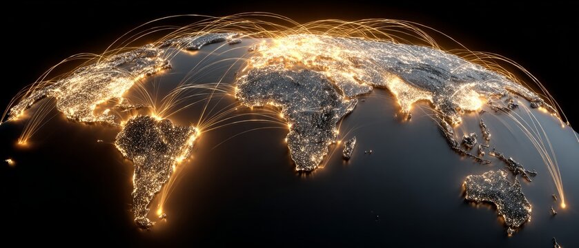 A glowing world map with golden lines connecting countries is the perfect backdrop for presentations on globalisation, logistics or digital networks.