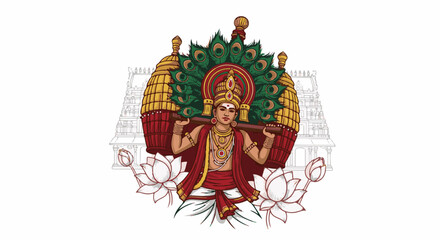 Obraz premium A richly adorned figure with peacock feathers and lotus flowers stands before a temple structure