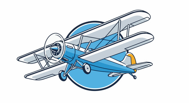 A retro biplane with blue fuselage and white wings takes flight against a blue circle
