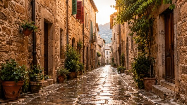 Ruelle pav&eacute;e europ&eacute;enne apr&egrave;s la pluie au soleil dor&eacute;