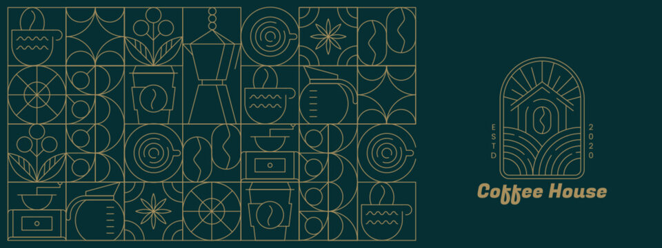 Abstract geometric coffee pattern in minimalist bauhaus style. Vector seamless background with hand drawn line art beans, cups, plant leaves, hot drink outline elements for cafe menu, food packaging