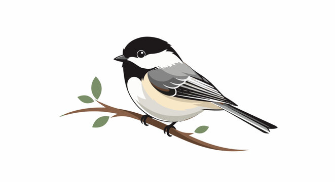 A small bird with black and white markings sits on a brown branch with green leaves