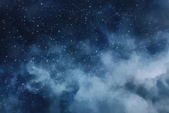 Abstract starry night sky with cosmic clouds and constellations pattern