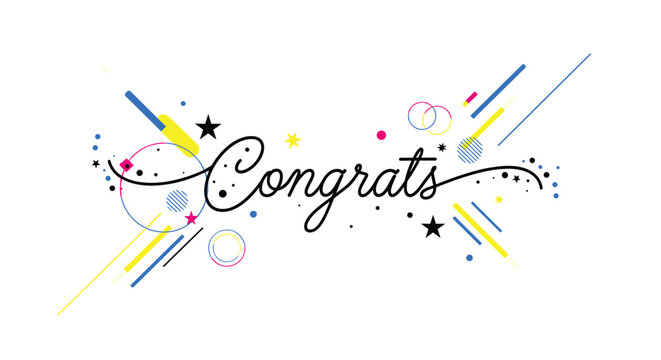 Colorful celebratory script text saying congrats surrounded by abstract blue and yellow lines and geometric shapes.