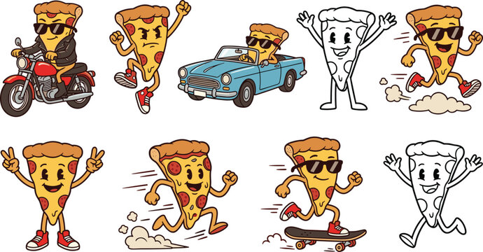 retro cartoon pizza slice character mascot set with funny vintage style running riding motorcycle and driving car