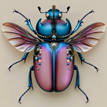 Colorful beetle with detailed wings and body structure on a neutral background showing natural features and design