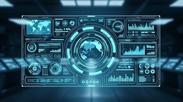 Futuristic interface with world map and data visualizations.