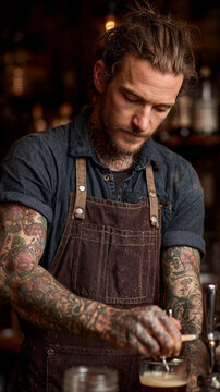 The tattooed barman is intently preparing a drink; his image will make a stylish backdrop for posts about bar culture and craft cocktails.