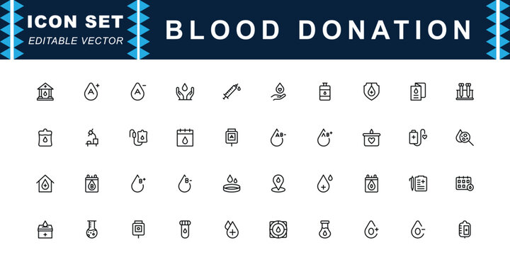 Blood Donation icon set. Contains icons of Blood Bag, Syringe, Blood Drop, Medical Test, Heart Care, Laboratory and more. Editable stroke. Vector illustration.
