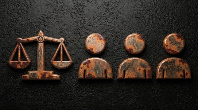 An aged, rusty metallic scales of justice icon next to three abstract human figures on a textured dark background with dramatic lighting.
