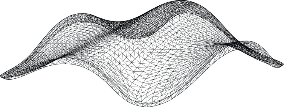 Futuristic 3D Parametric Wireframe Mesh Structure Vector Graphic with Organic Fluid Waves Grid Pattern and Abstract Architectural Curved Surface Design