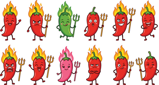 Spicy Chili Pepper Cartoon Characters Collection with Burning Flame and Devil Pitchfork for Hot Food Branding
