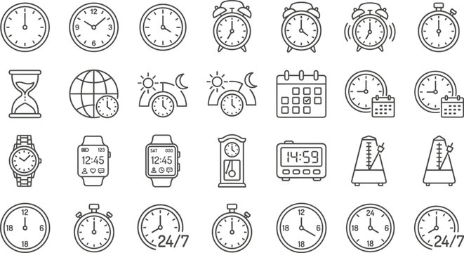time management and clock vector line icon set featuring watches alarm clocks stopwatches calendars and schedule planning symbols