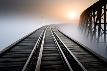 Obraz premium Foggy Railway Bridge at Sunrise with Soft Atmospheric Haze