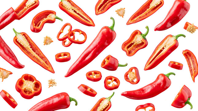 Vibrant red chili peppers, fresh and hot, whole and sliced, falling dynamically against a transparent background.
