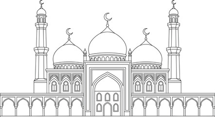 Minimalist Mosque Front Elevation Line Art Vector Outline Illustration with Smooth Domes Minarets and Crescent Moon Symbols for Islamic Architecture Designs © Nexivo! 