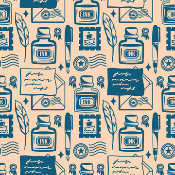 Vintage letter writing seamless pattern in monochrome style. Classic postal design with handwritten postcards, inks and envelopes for timeless postal backgrounds.