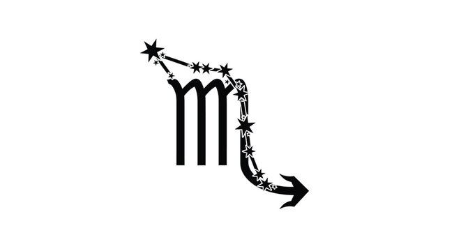 Zodiac sign for Scorpio represented by a stylized M shape icon adorned with a trail of shining stars and a scorpion tail on white background.