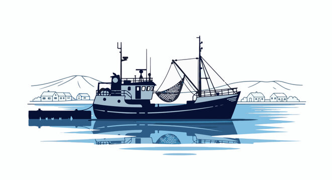 A stylized fishing trawler with a net, docked near a coastal village under mountains
