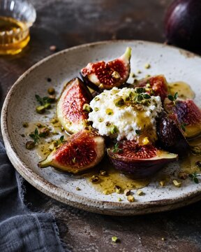 Figues fra&icirc;ches avec fromage cr&eacute;meux miel pistaches et thym