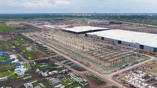 Aerial view of the byd car factory construction in szeged, hungary