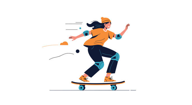 Active teenage girl riding a skateboard with full protective gear including helmet elbow pads and knee pads in a dynamic action pose on white.