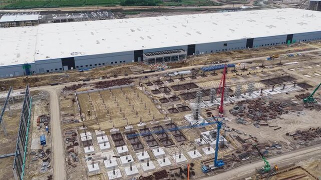 Aerial view of byd car factory construction in szeged, hungary