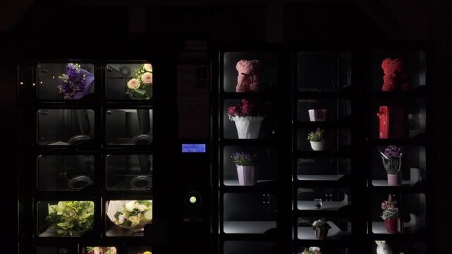 Flower vending machine at night. Fresh bouquets, cemetery floral arrangements, potted flowers and variety of gifts in a dispensing machine. Innovative 0-24 shopping concept. Tilt down slow motion.
