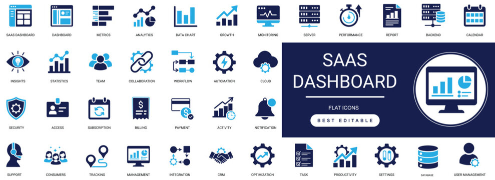 saas dashboard solid  icon set. interface, analytics, admin, user, settings, statistics, cloud, billing, integration, monitoring. editable vector illustration.
